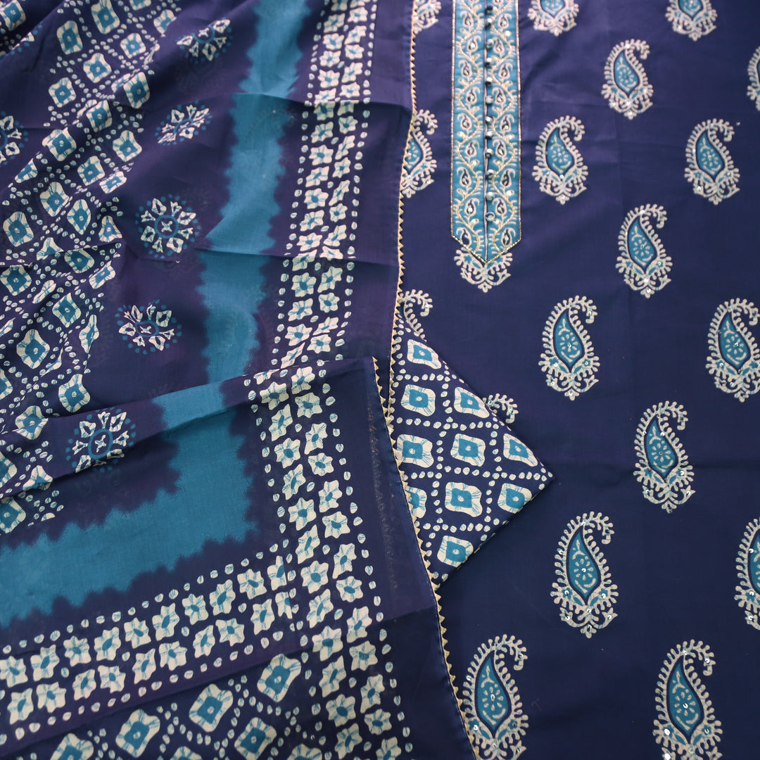 Rua Navy Blue Kardana with Potli Button Patch Printed Cotton Set