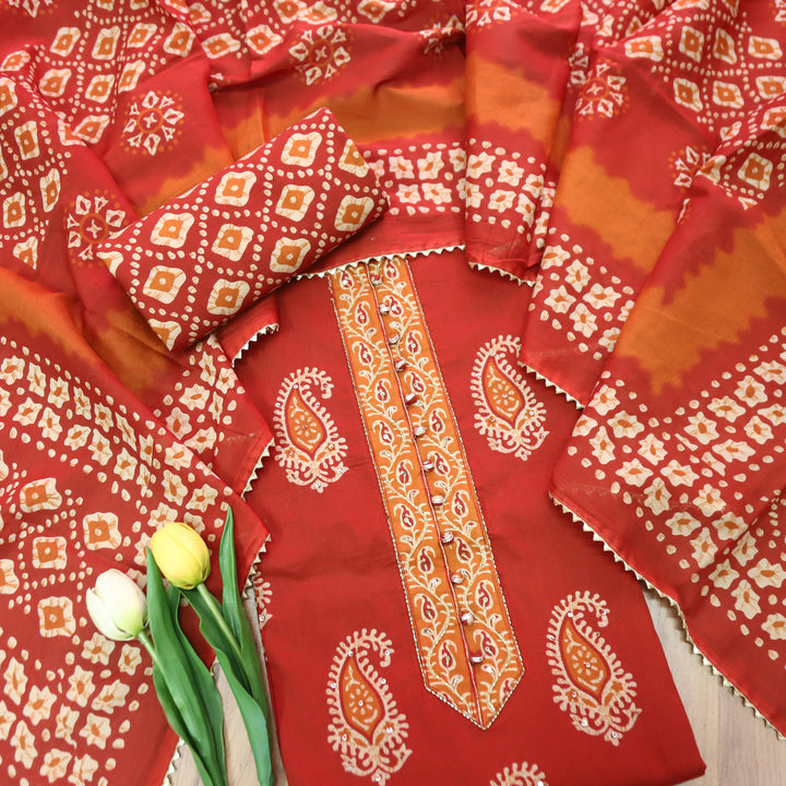 Rua Cherry Red Kardana with Potli Button Patch Printed Cotton Set