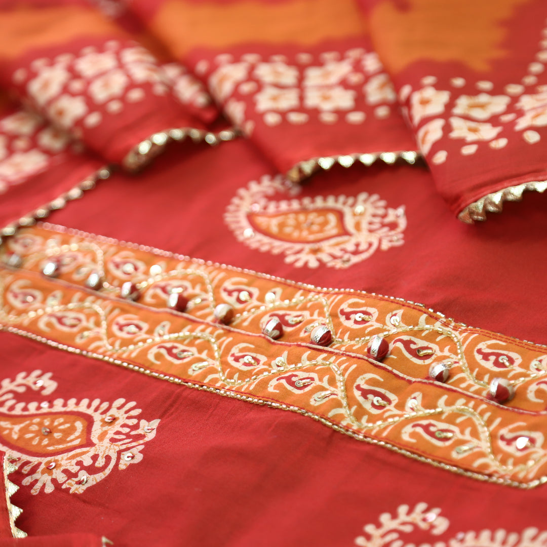 Rua Cherry Red Kardana with Potli Button Patch Printed Cotton Set