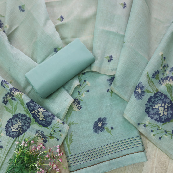 Surya Azure Blue Authentic Floral Jamdani Weaved Suit Set