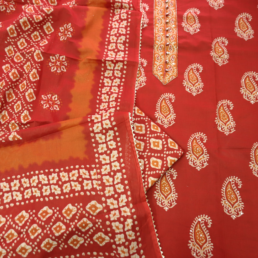 Rua Cherry Red Kardana with Potli Button Patch Printed Cotton Set