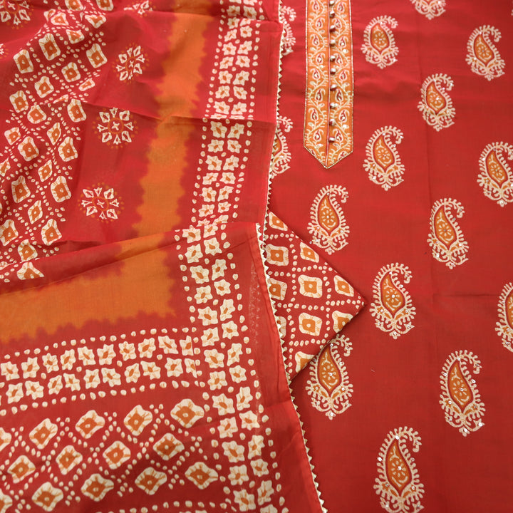 Rua Cherry Red Kardana with Potli Button Patch Printed Cotton Set