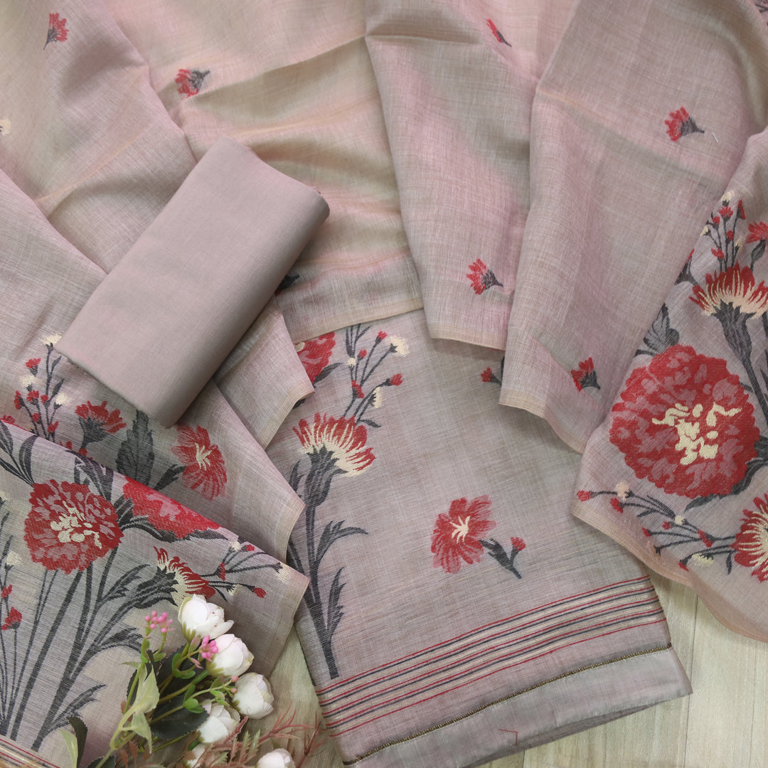 Surya Tan Latte Beige Authentic Floral Jamdani Weaved Suit Set