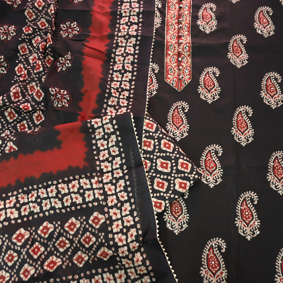 Rua Oil Black Kardana with Potli Button Patch Printed Cotton Set