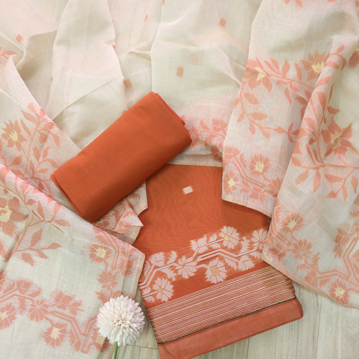 Jannat Tiger Orange Authentic Jamdani Top and Dupatta Suit Set D2