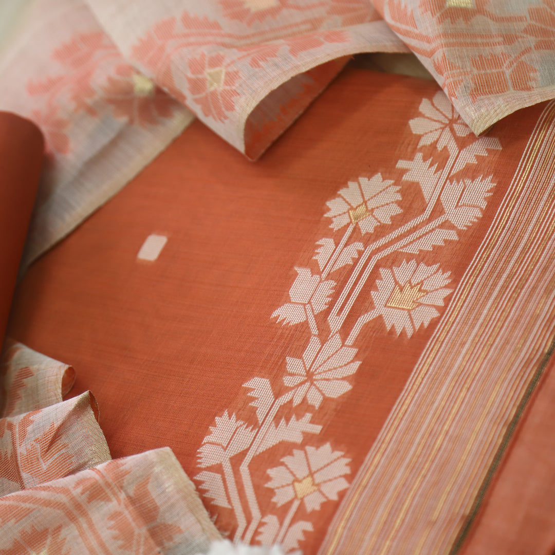 Jannat Tiger Orange Authentic Jamdani Top and Dupatta Suit Set D2