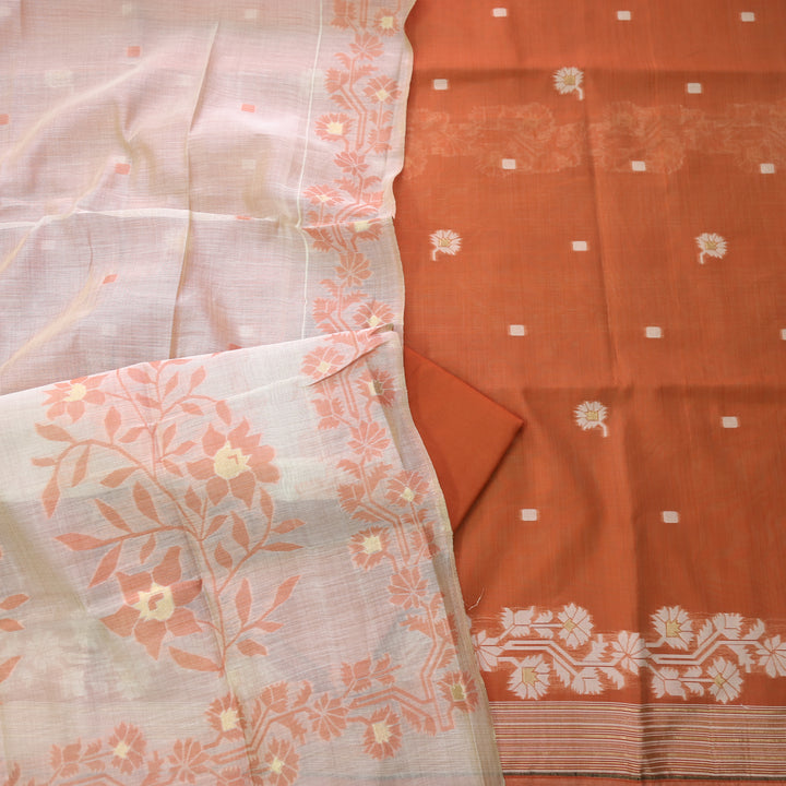 Jannat Tiger Orange Authentic Jamdani Top and Dupatta Suit Set D2