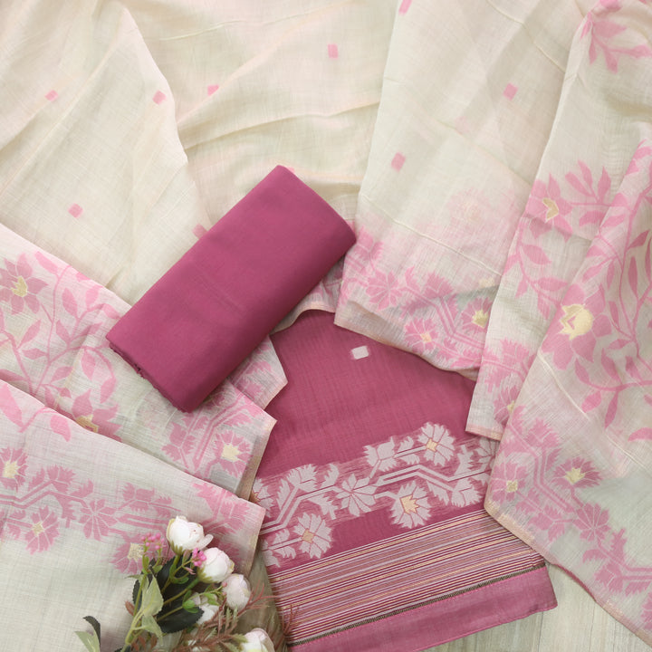 Surya Rouge Pink Authentic Jamdani Top and Dupatta Suit Set D2