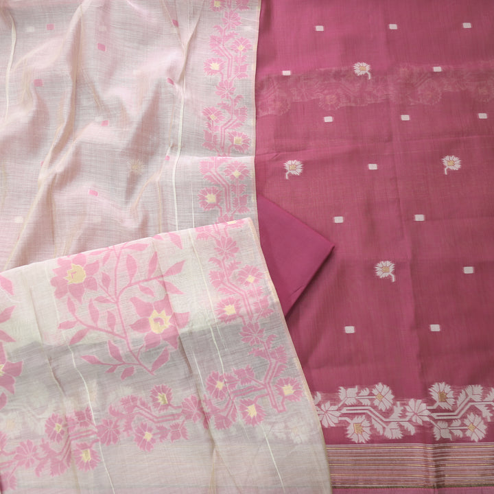Surya Rouge Pink Authentic Jamdani Top and Dupatta Suit Set D2