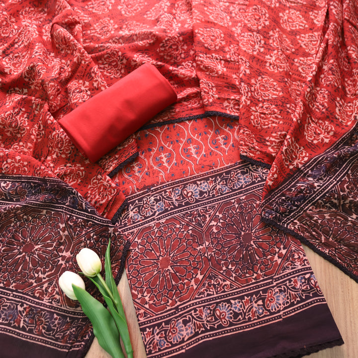 Rurvi Cherry Red Hand Block Printed Cotton Set