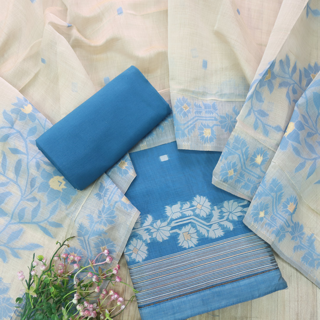 Jannat Sapphire Blue Authentic Jamdani Top and Dupatta Suit Set D2