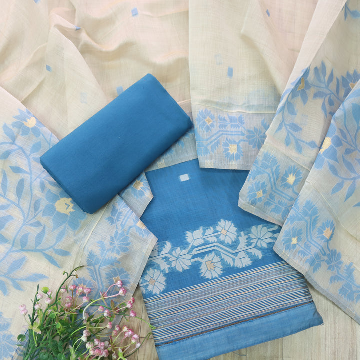 Jannat Sapphire Blue Authentic Jamdani Top and Dupatta Suit Set D2