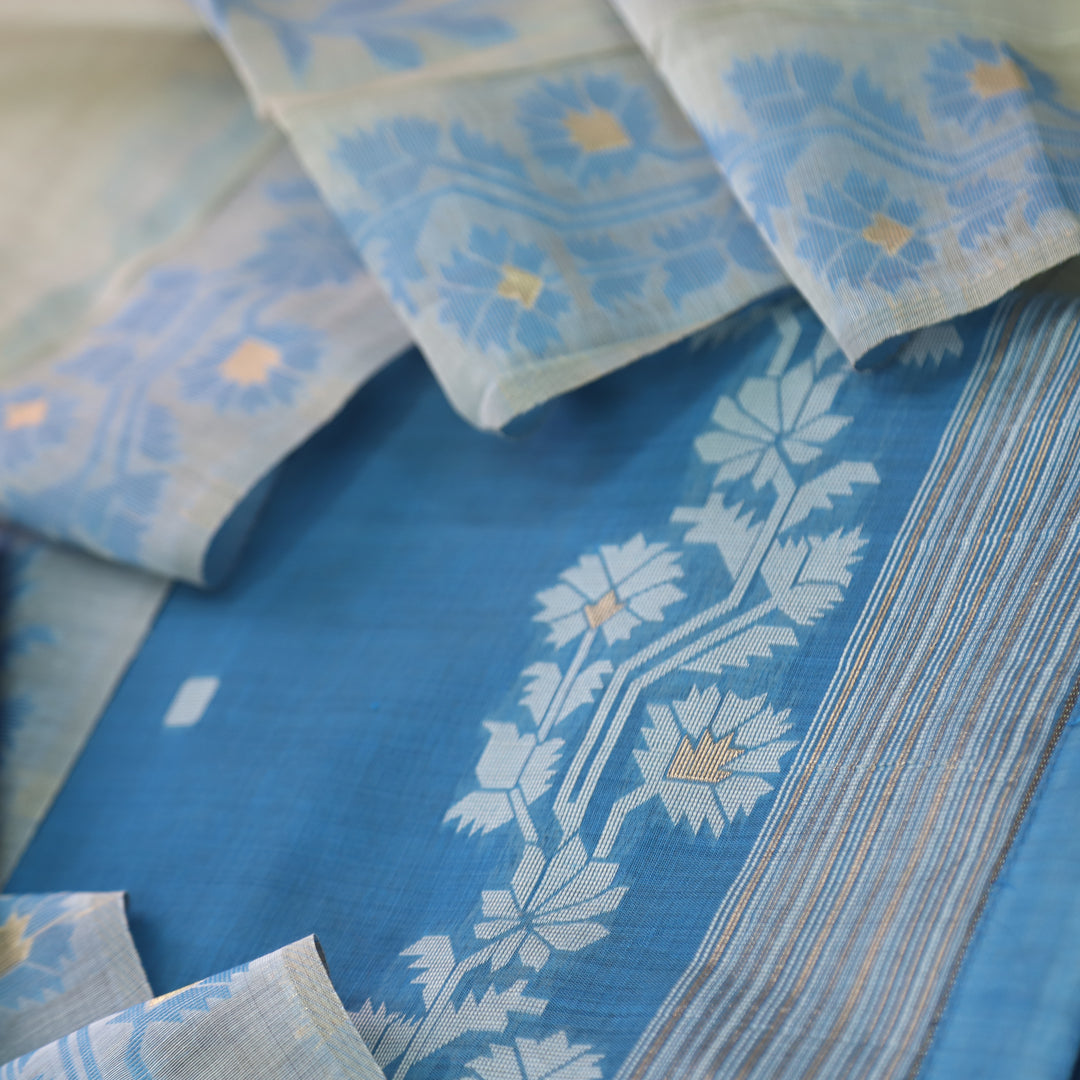 Jannat Sapphire Blue Authentic Jamdani Top and Dupatta Suit Set D2