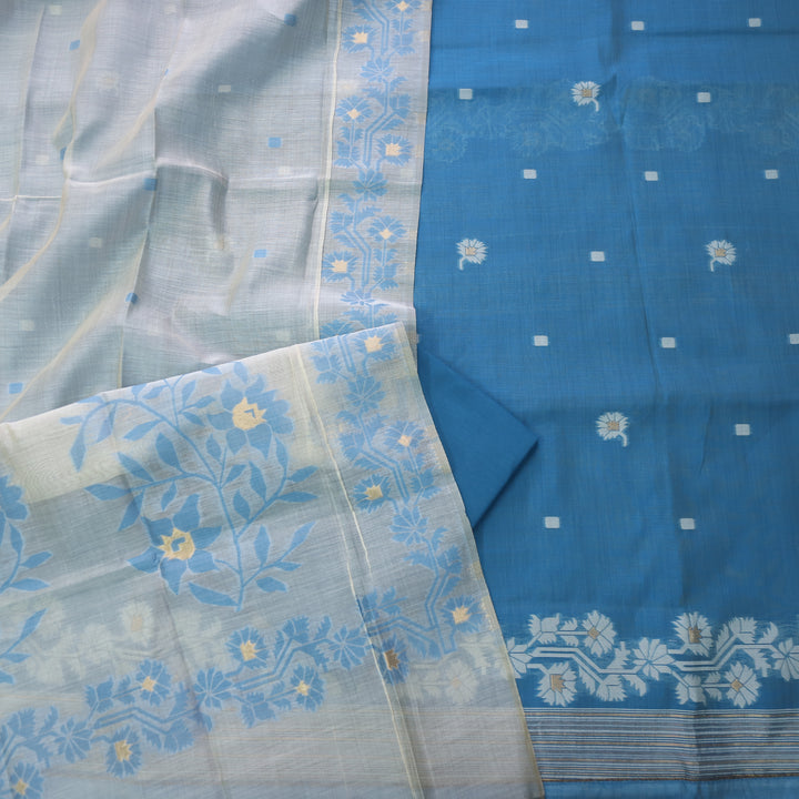 Jannat Sapphire Blue Authentic Jamdani Top and Dupatta Suit Set D2