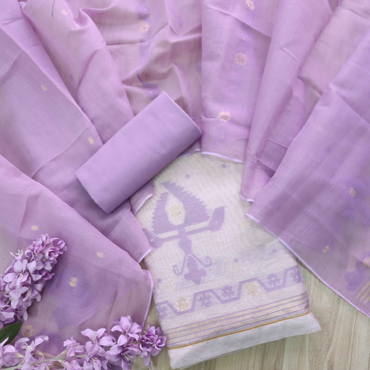 Jannat Beige With Lavender Purple Authentic Jamdani Weaved Suit Set