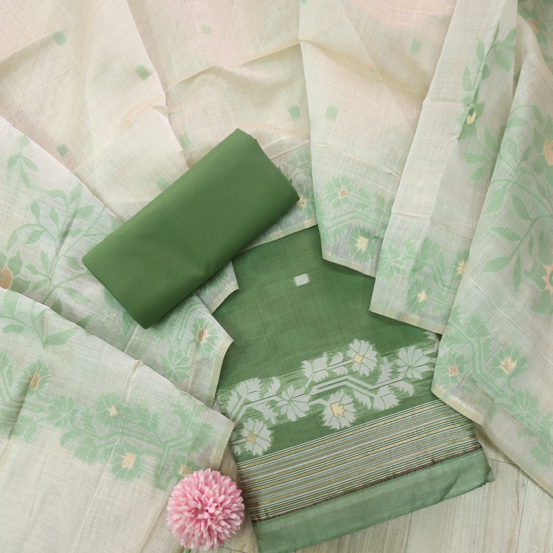 Jannat Grass Green Authentic Jamdani Top and Dupatta Suit Set D2