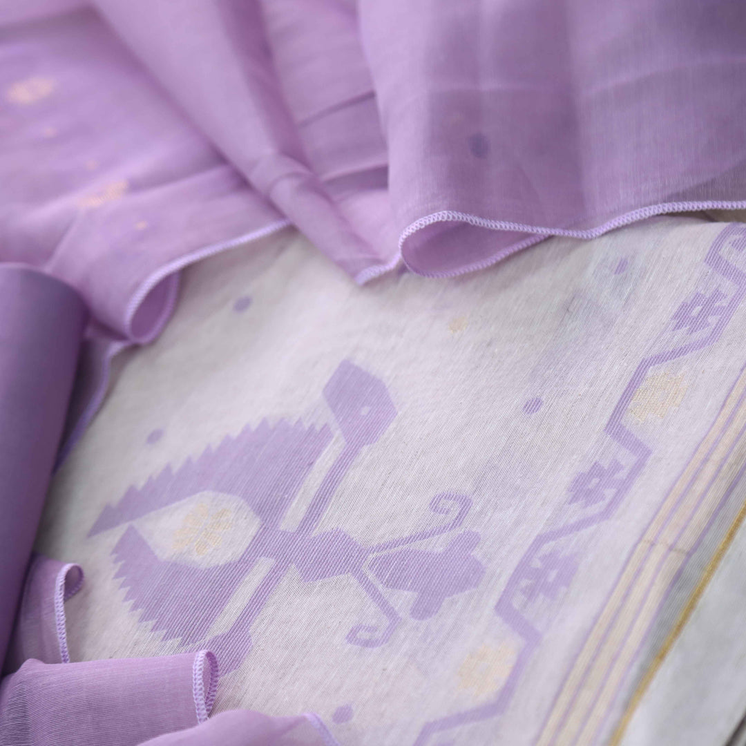 Jannat Beige With Lavender Purple Authentic Jamdani Weaved Suit Set