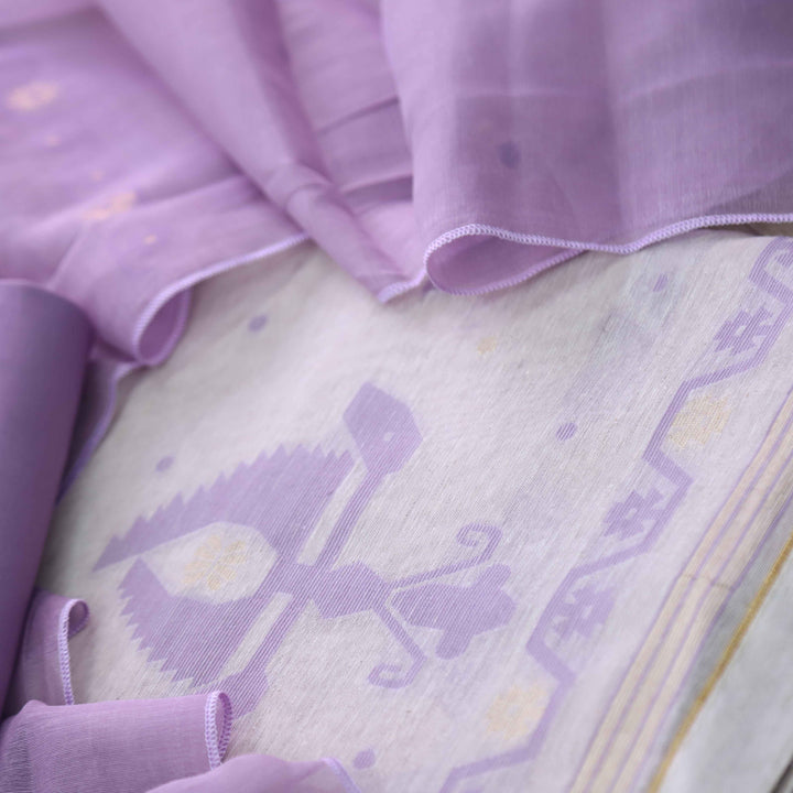 Jannat Beige With Lavender Purple Authentic Jamdani Weaved Suit Set
