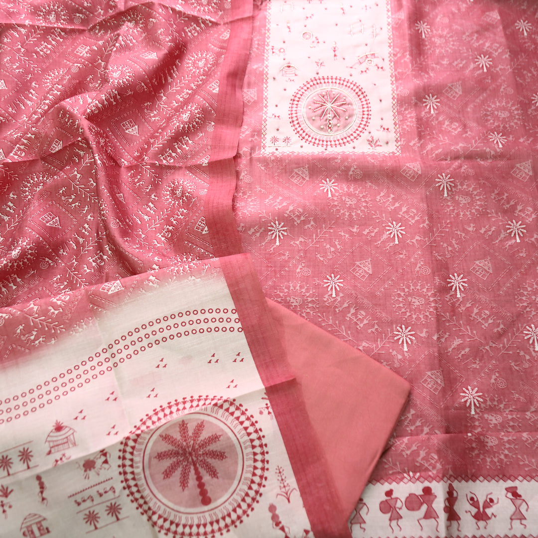 Raavi Blush Pink Spiral with French Knot Work in Verli Printed Art Silk Chanderi Set