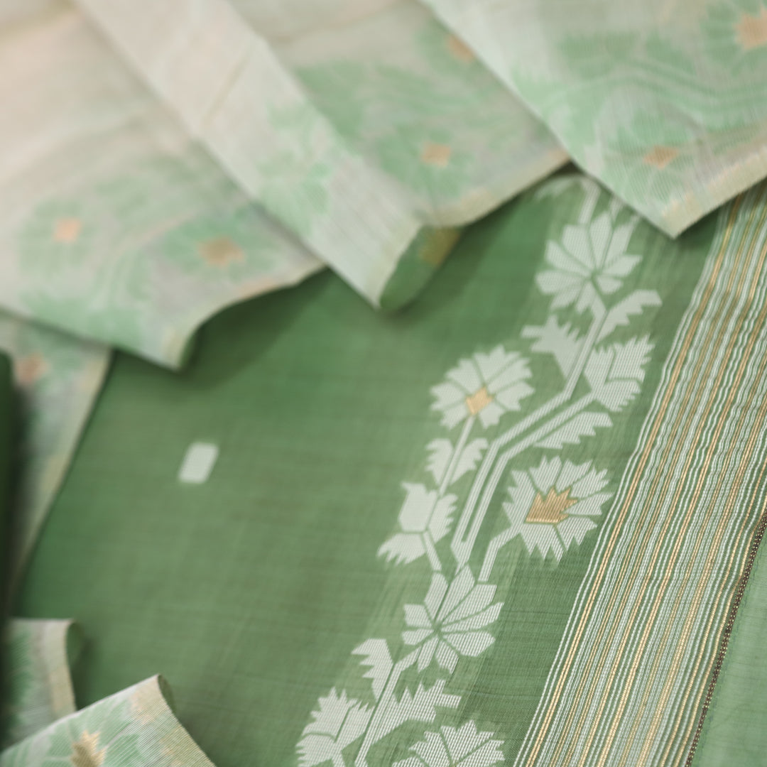 Jannat Grass Green Authentic Jamdani Top and Dupatta Suit Set D2