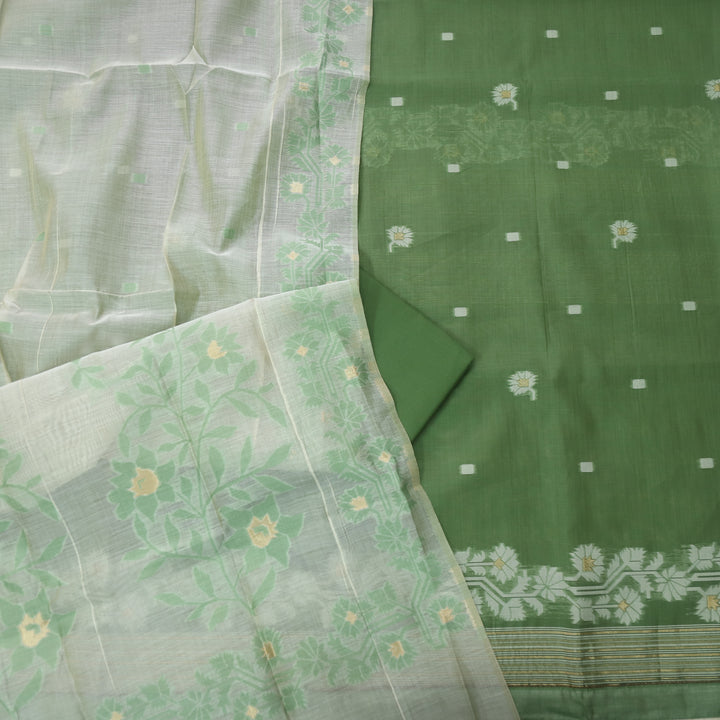 Jannat Grass Green Authentic Jamdani Top and Dupatta Suit Set D2