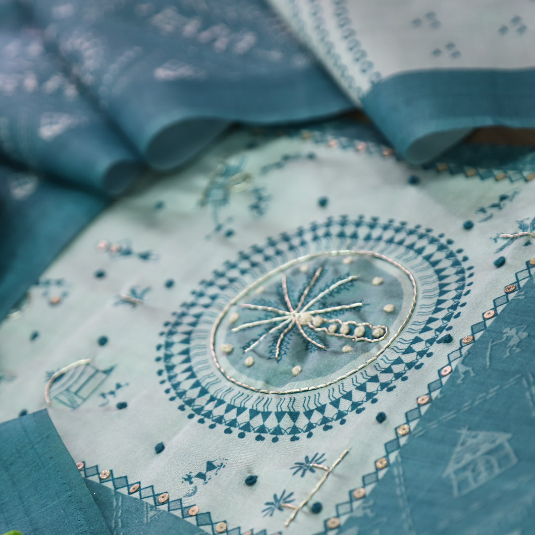 Raavi Sapphire Blue Spiral with French Knot Work in Verli Printed Art Silk Chanderi Set
