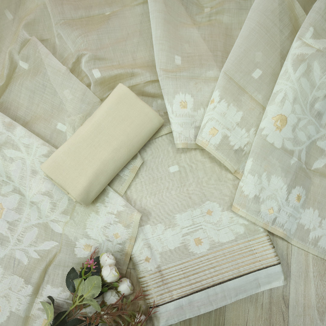 Jannat Ivory Beige Authentic Jamdani Top and Dupatta Suit Set