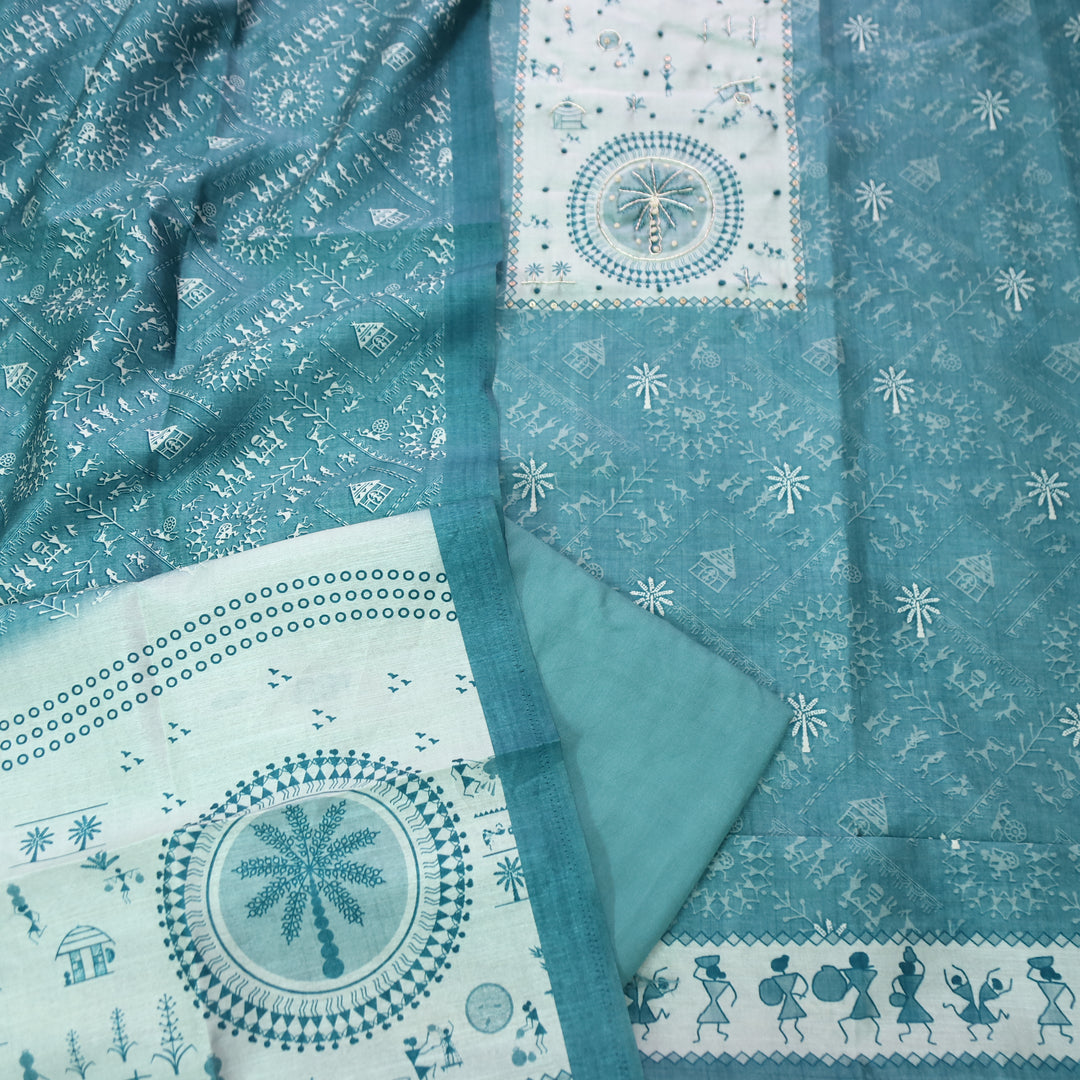 Raavi Sapphire Blue Spiral with French Knot Work in Verli Printed Art Silk Chanderi Set