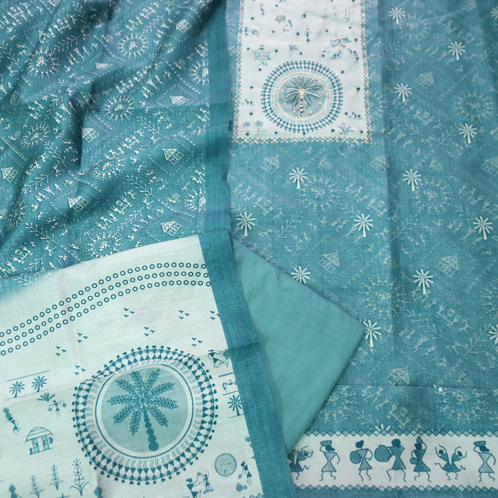 Raavi Sapphire Blue Spiral with French Knot Work in Verli Printed Art Silk Chanderi Set
