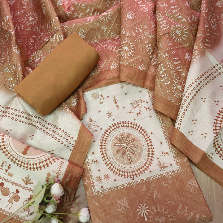 Raavi Peanut Brown Spiral with French Knot Work in Verli Printed Art Silk Chanderi Set
