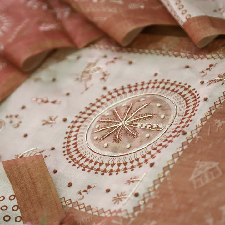 Raavi Peanut Brown Spiral with French Knot Work in Verli Printed Art Silk Chanderi Set