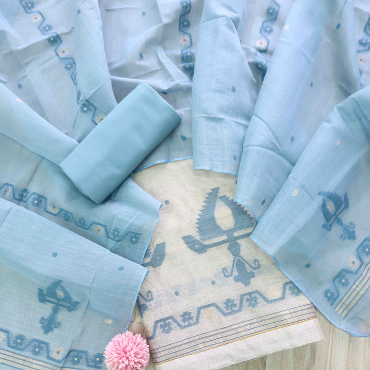 Jannat Beige With Sapphire Blue Authentic Jamdani Weaved Suit Set