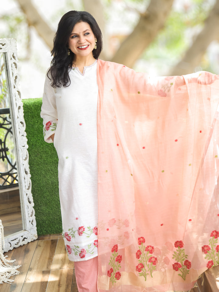 Flora White with Pink Jamdani 3 Piece Set