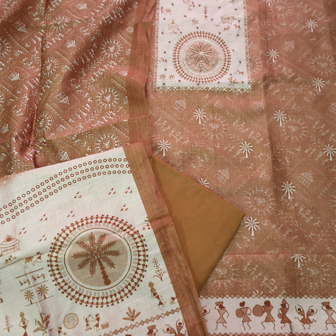 Raavi Peanut Brown Spiral with French Knot Work in Verli Printed Art Silk Chanderi Set