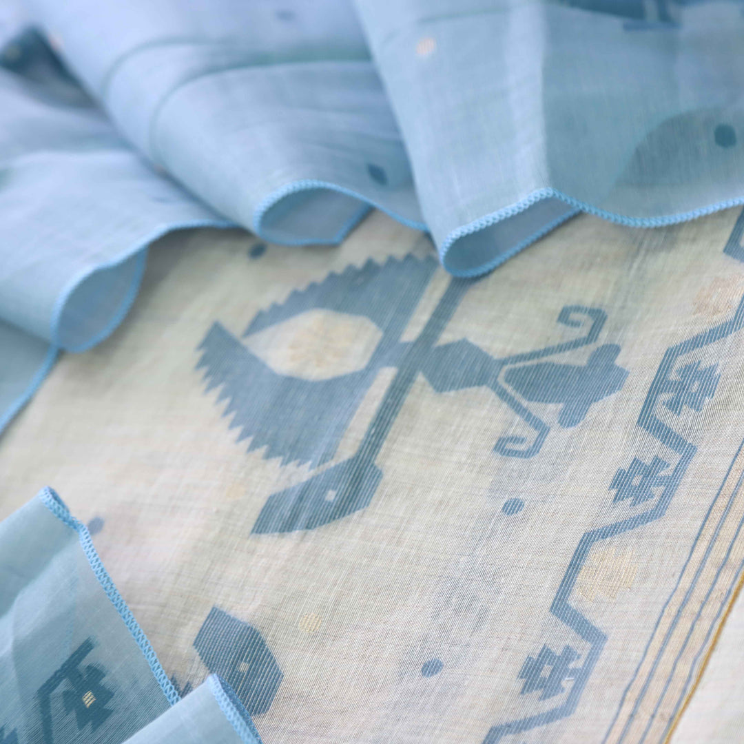 Jannat Beige With Sapphire Blue Authentic Jamdani Weaved Suit Set