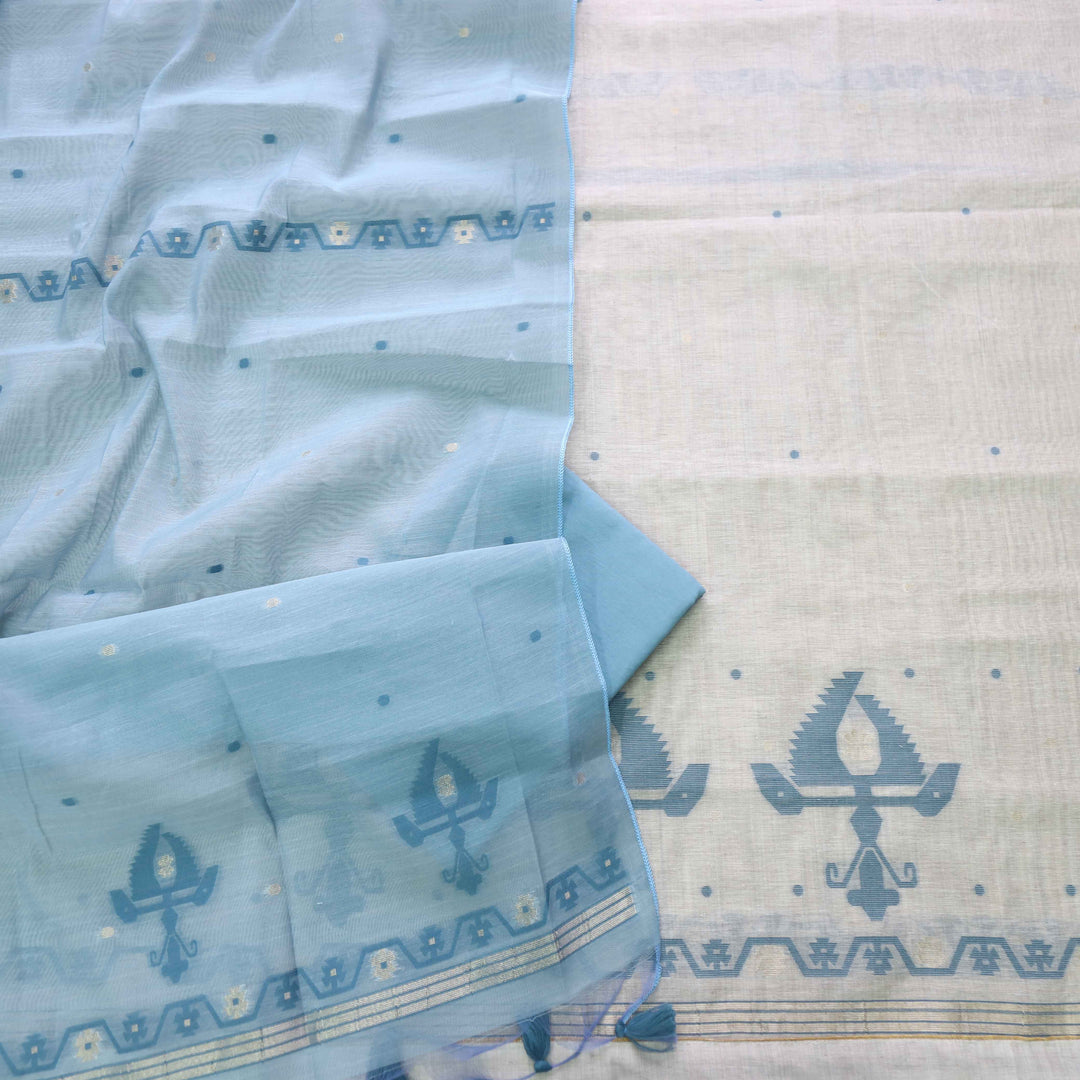 Jannat Beige With Sapphire Blue Authentic Jamdani Weaved Suit Set
