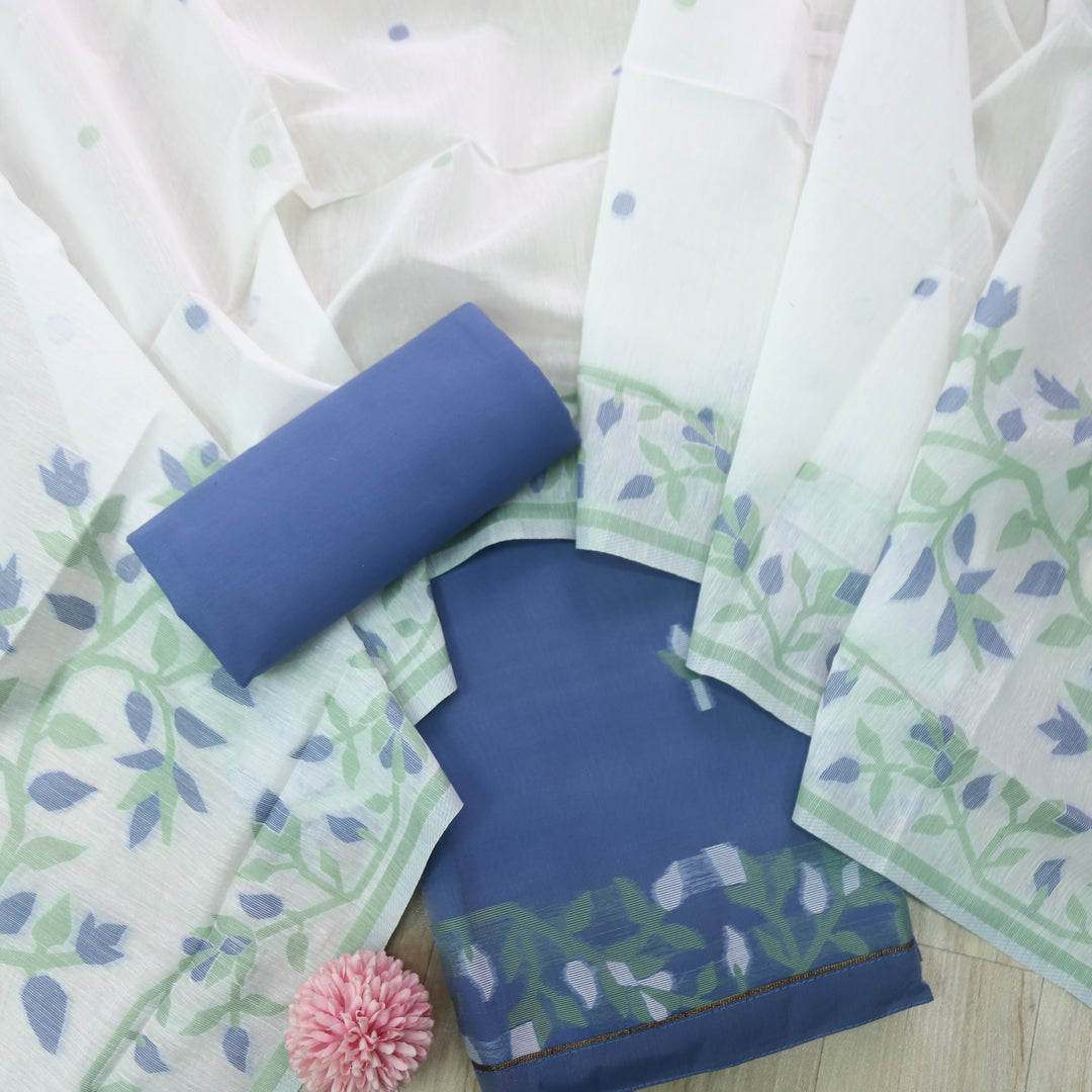 Surya Prussian Blue with Green Floral Authentic Jamdani Suit Set