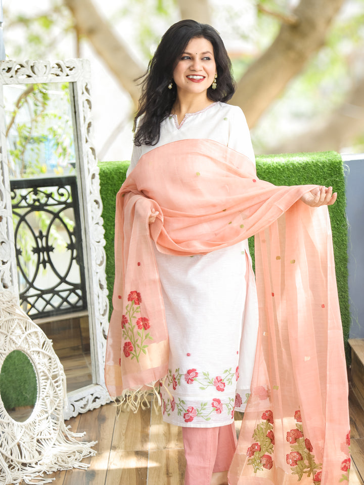 Flora White with Pink Jamdani 3 Piece Set