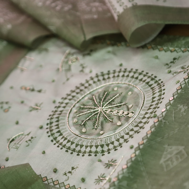 Raavi Sage Green Spiral with French Knot Work in Verli Printed Art Silk Chanderi Set
