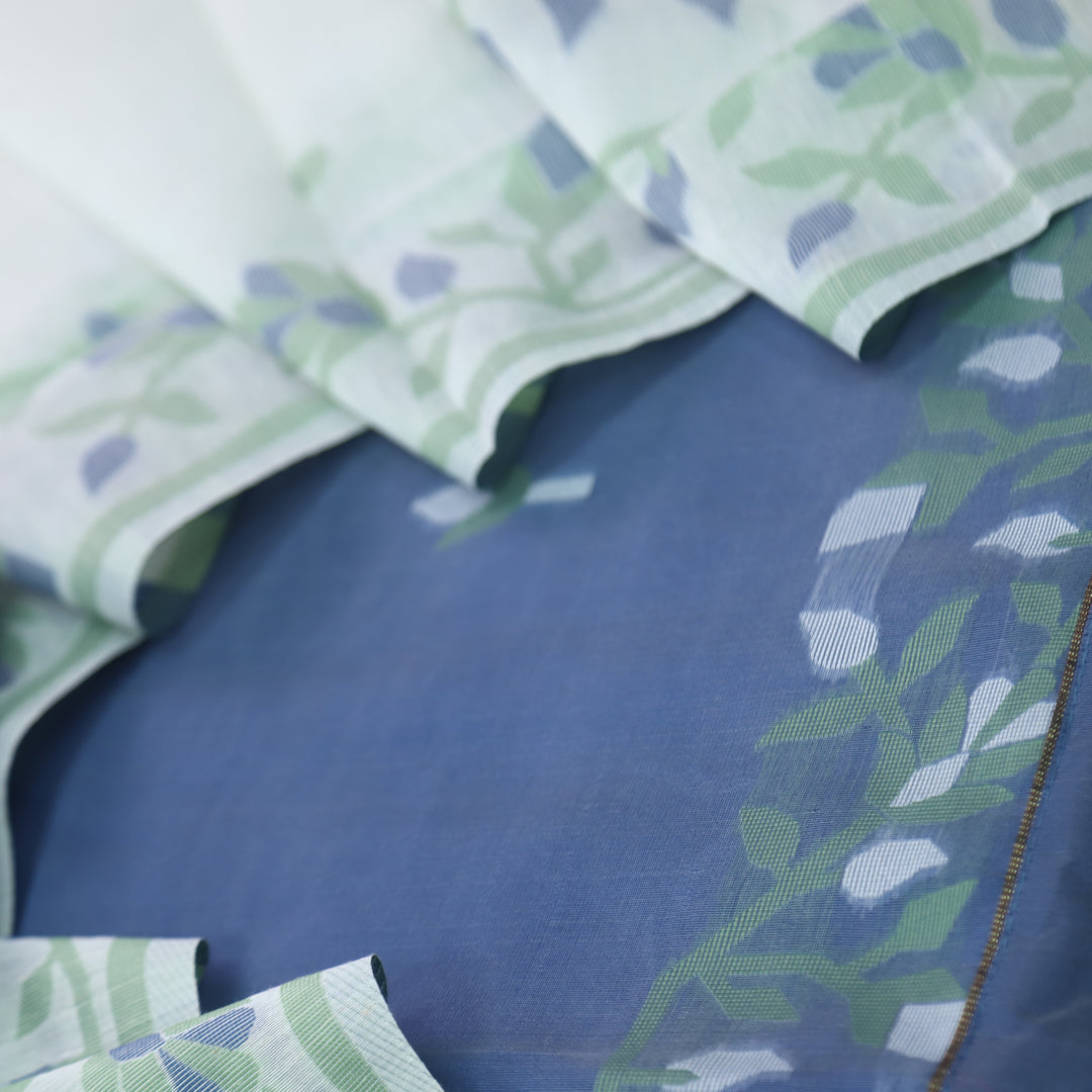 Surya Prussian Blue with Green Floral Authentic Jamdani Suit Set