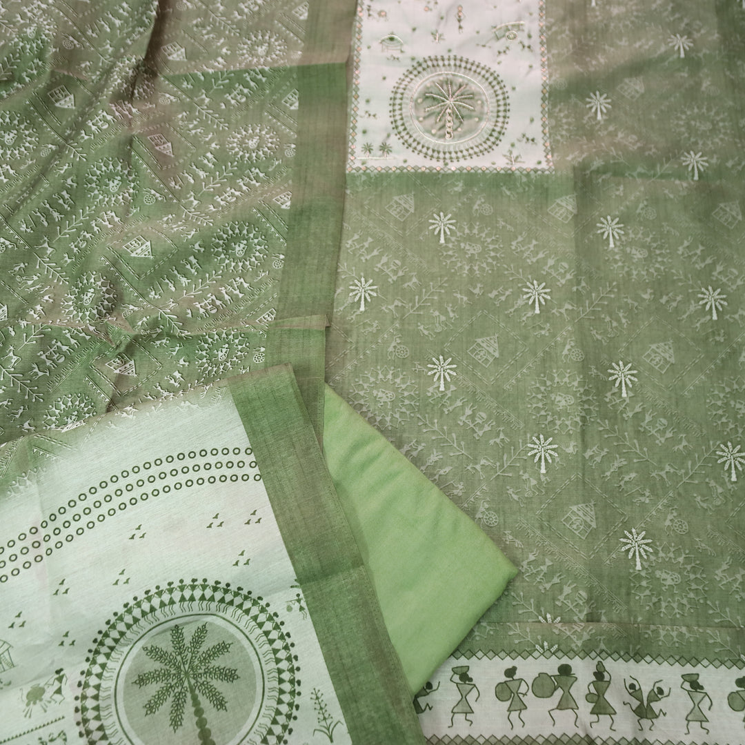 Raavi Sage Green Spiral with French Knot Work in Verli Printed Art Silk Chanderi Set