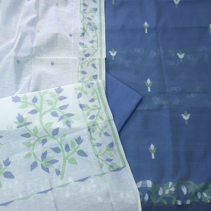 Surya Prussian Blue with Green Floral Authentic Jamdani Suit Set