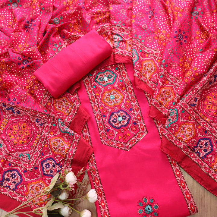 Roop Rani Pink with Digital Printed Yoke with Mirror Work Art Muslin Suit Set