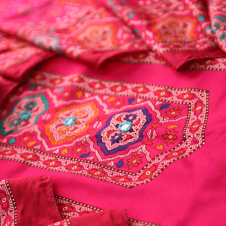Roop Rani Pink with Digital Printed Yoke with Mirror Work Art Muslin Suit Set