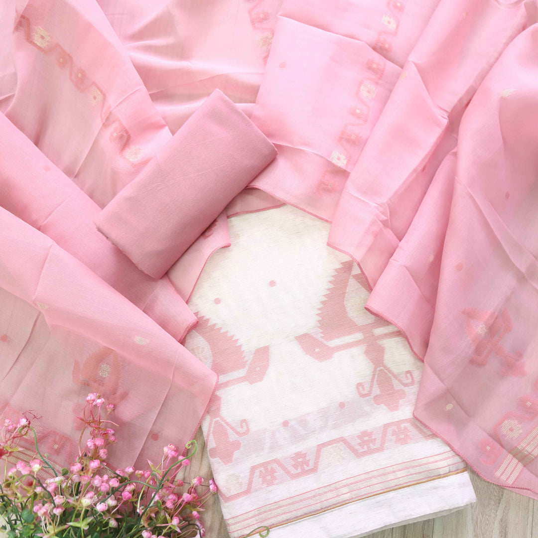 Jannat Beige With Blush Pink Authentic Jamdani Weaved Suit Set