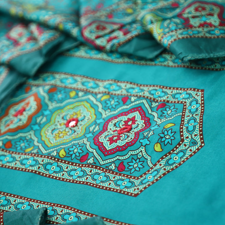 Roop Cyan Turquoise with Digital Printed Yoke with Mirror Work Art Muslin Suit Set