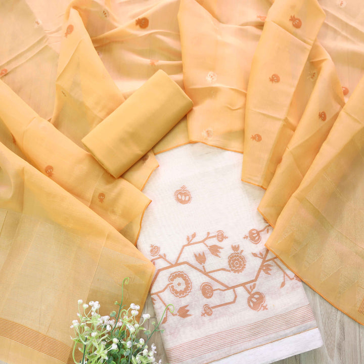 Jannat Beige With Mellow Yellow Authentic Jamdani Weaved Suit Set