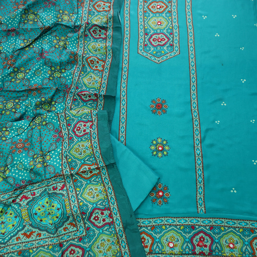 Roop Cyan Turquoise with Digital Printed Yoke with Mirror Work Art Muslin Suit Set