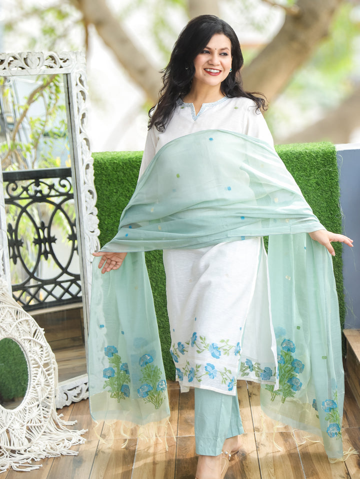 Flora White with Blue Jamdani 3 Piece Set