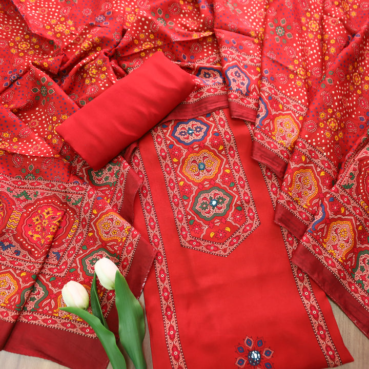 Roop Coral Blush Red with Digital Printed Yoke with Mirror Work Art Muslin Suit Set